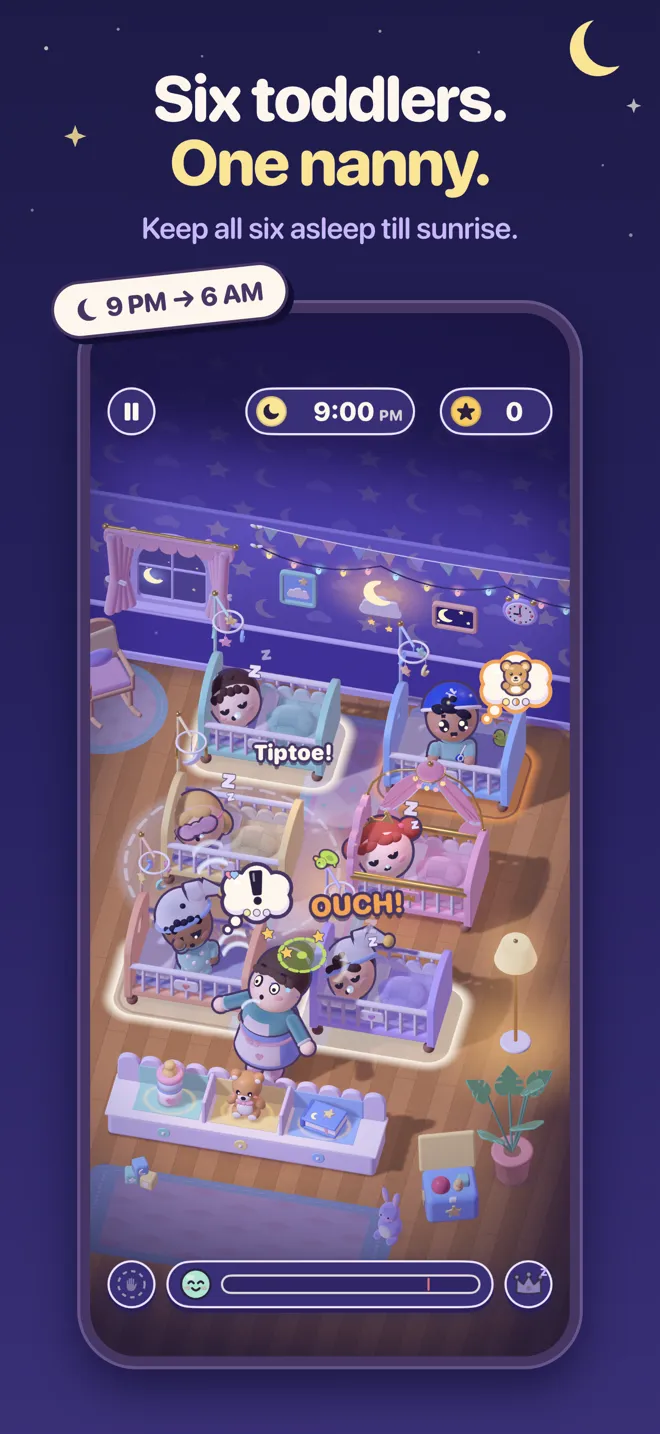 Angry Nona gameplay: the nanny walks between six cribs at 9 PM while toddlers stir