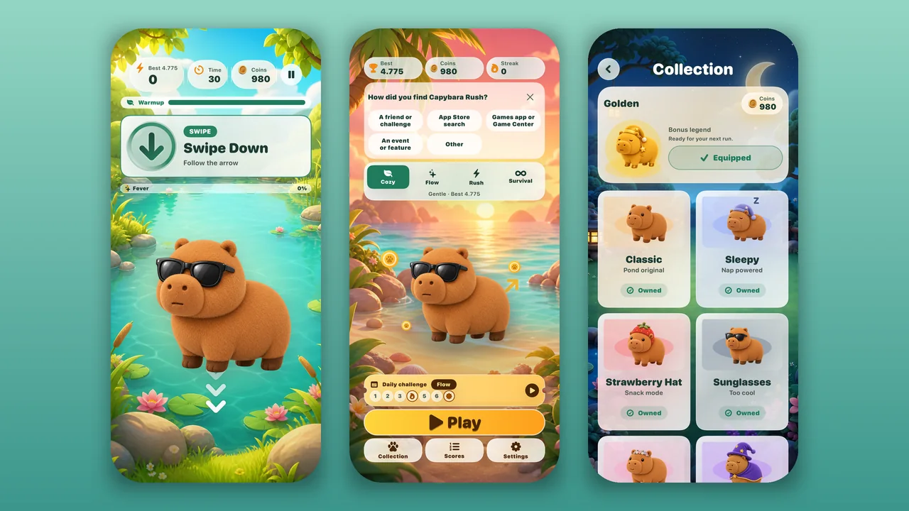 Capybara Rush gameplay with a Swipe Down prompt, the Home screen with the optional how-did-you-find-us card, and the skin collection