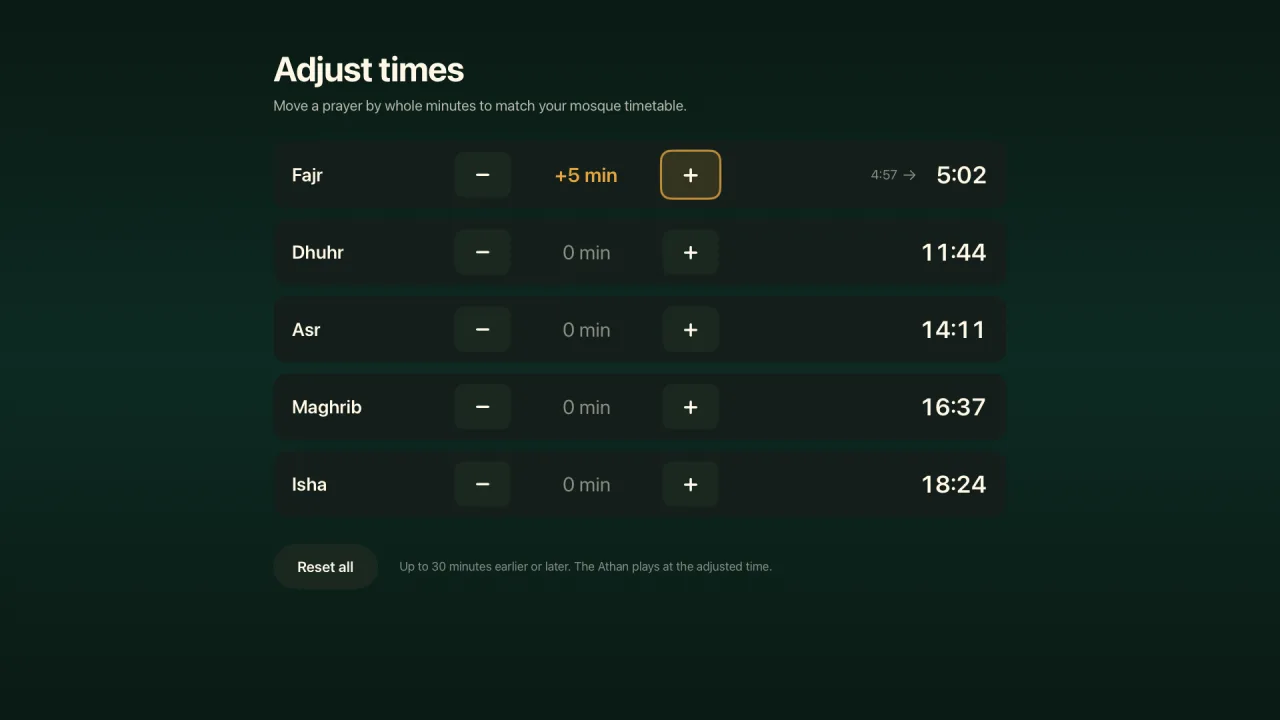 The Adjust times screen in Sajdah. Each of the five prayers has a minus button, the number of minutes and a plus button, next to its time. Fajr is moved 5 minutes later.