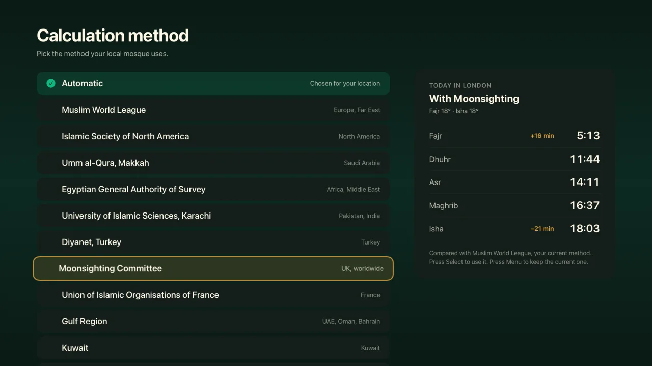 The Calculation method screen in Sajdah. The Moonsighting Committee has the focus, and a panel on the right shows today's times in London with it: Fajr 16 minutes later and Isha 21 minutes earlier than the Muslim World League.