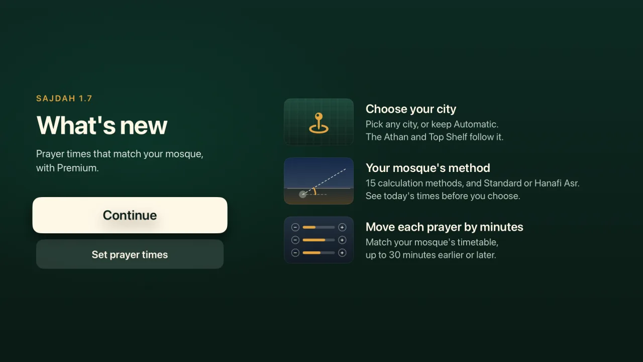 The Sajdah 1.7 What's New screen on Apple TV. It lists three changes: choose your city, your mosque's method with 15 calculation methods and Standard or Hanafi Asr, and move each prayer by up to 30 minutes.
