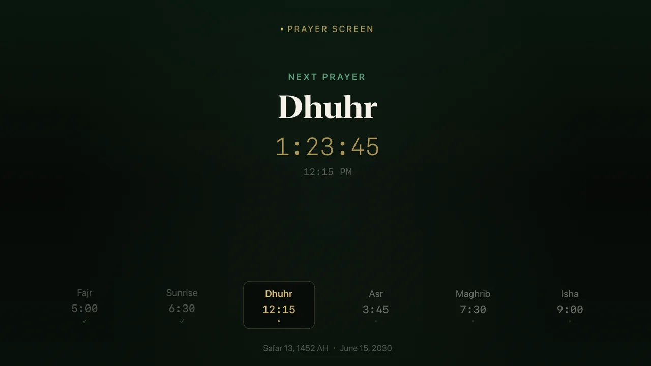 The Classic style: a dark green screen with Next prayer, Dhuhr, a gold countdown of 1:23:45, and a row of six prayer times with Dhuhr framed.