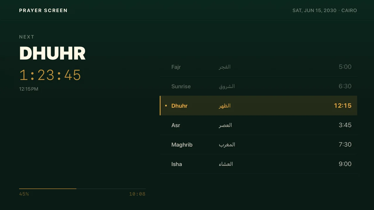 The Timetable style: DHUHR and its countdown on the left, and on the right a table of prayers in English and Arabic with Dhuhr highlighted in gold.