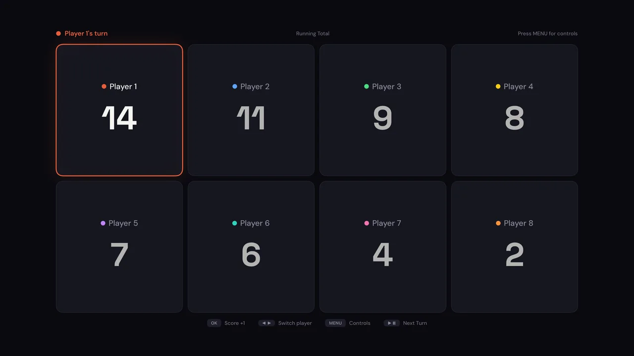 Tally Game Night on Apple TV with eight players, each in their own color, and Player 1 to play