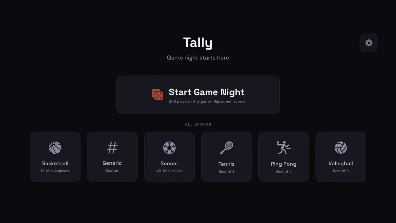 The Tally home screen on Apple TV: Start Game Night and six sports, with nothing locked