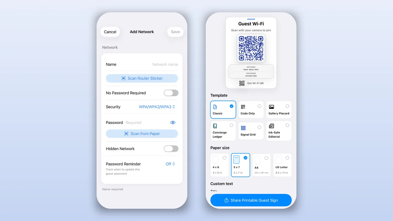 The Add Network editor with the Security picker and Scan Router Sticker, next to the guest sign screen with six templates and four paper sizes