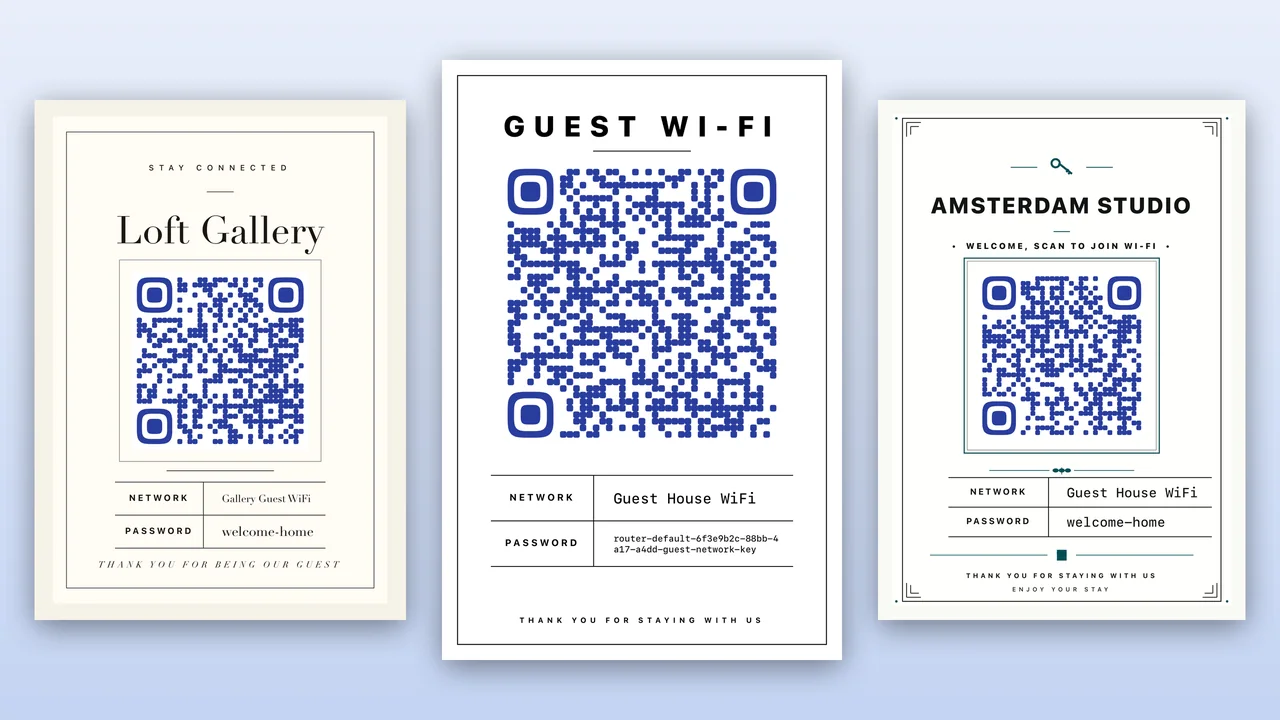 Three printable guest Wi-Fi signs from Wi-Fi QR: Gallery Placard, Ink-Safe Editorial with a long password, and Concierge Ledger