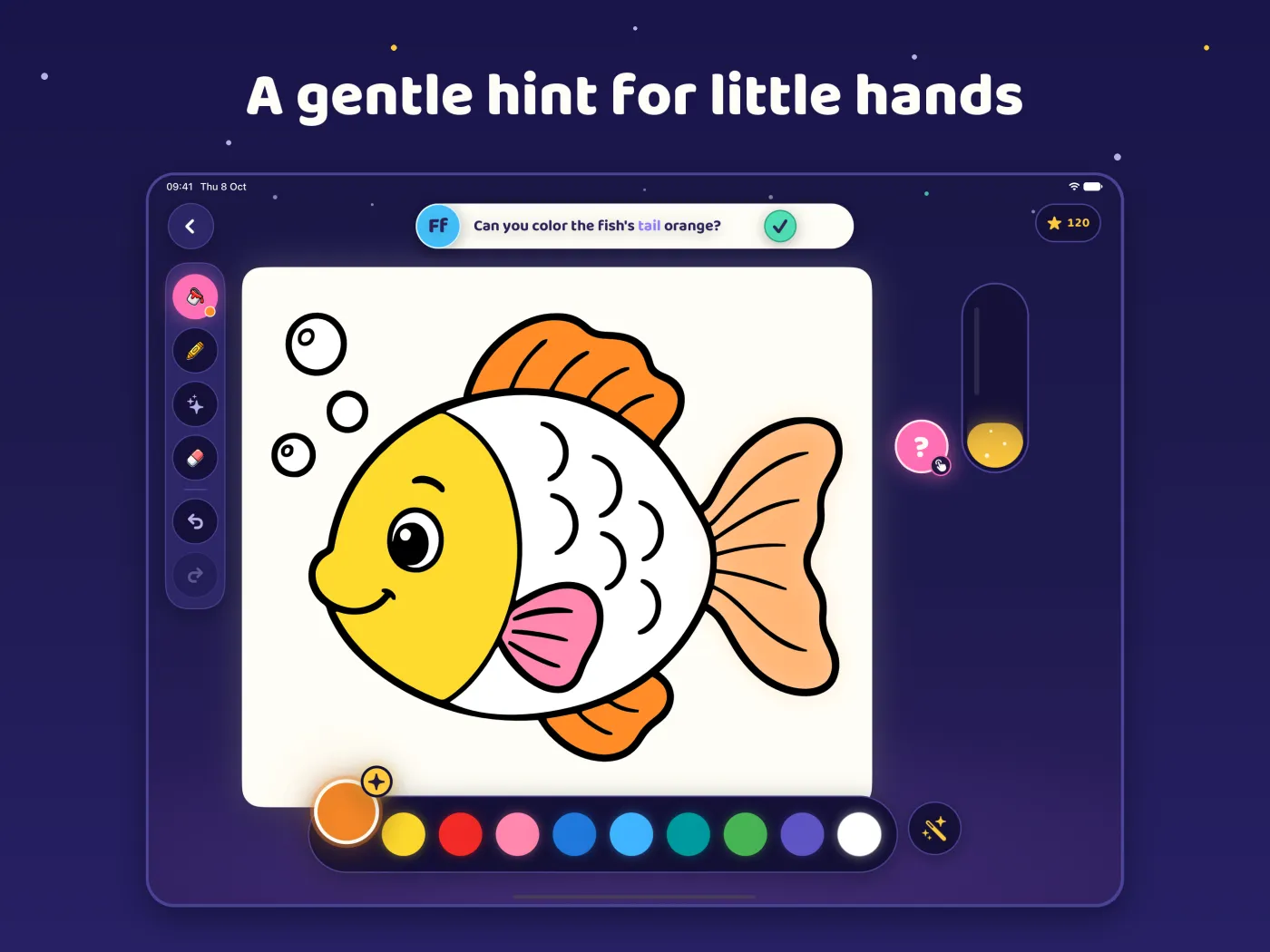 Coloring a fish page in ColorTalk with a row of large color buttons
