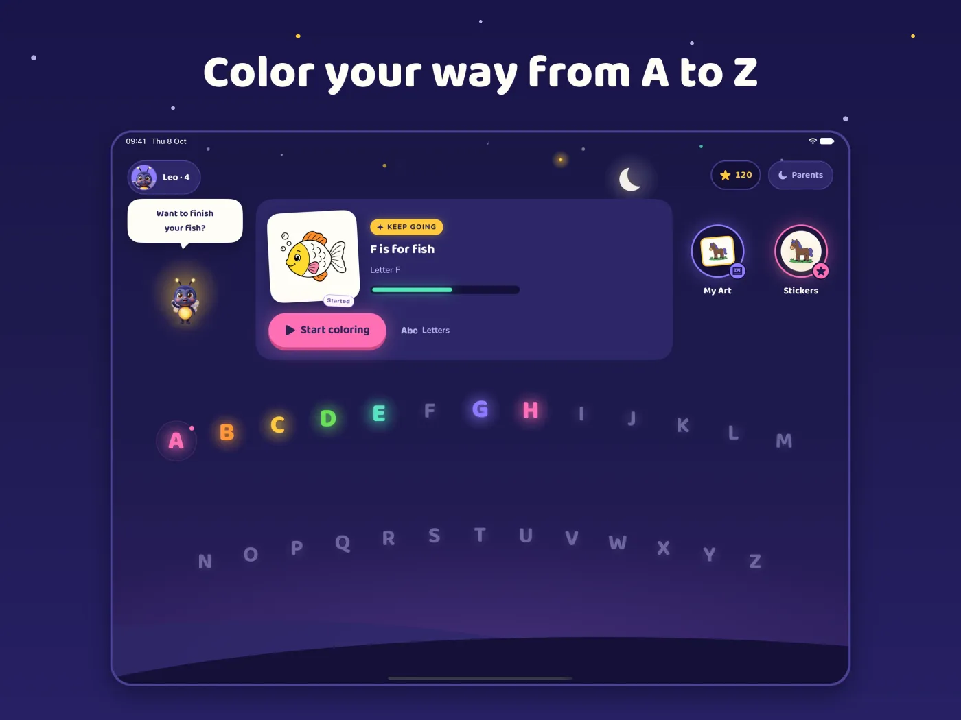 ColorTalk home screen on iPad with the A to Z letter path and a fish page to finish