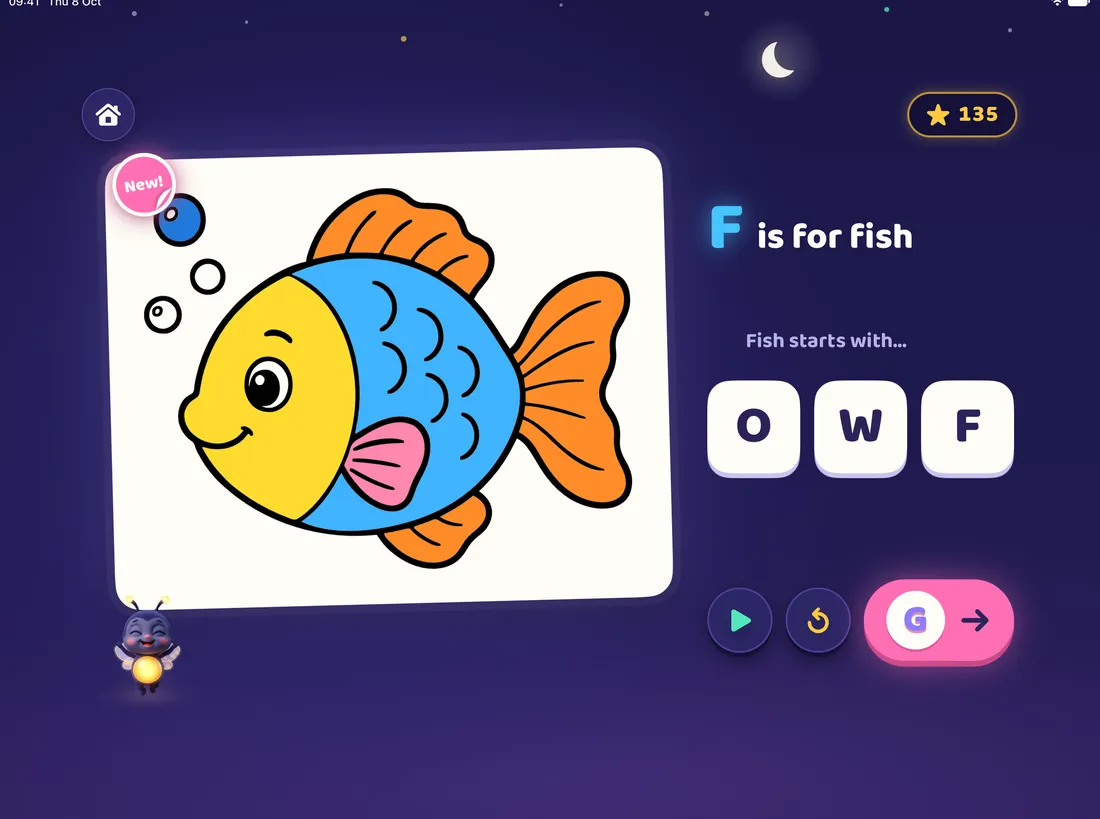 ColorTalk fish coloring page with F is for fish on iPad
