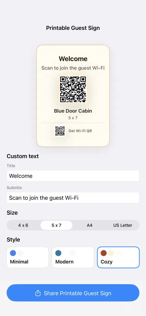 Printable guest Wi-Fi sign screen on iPhone