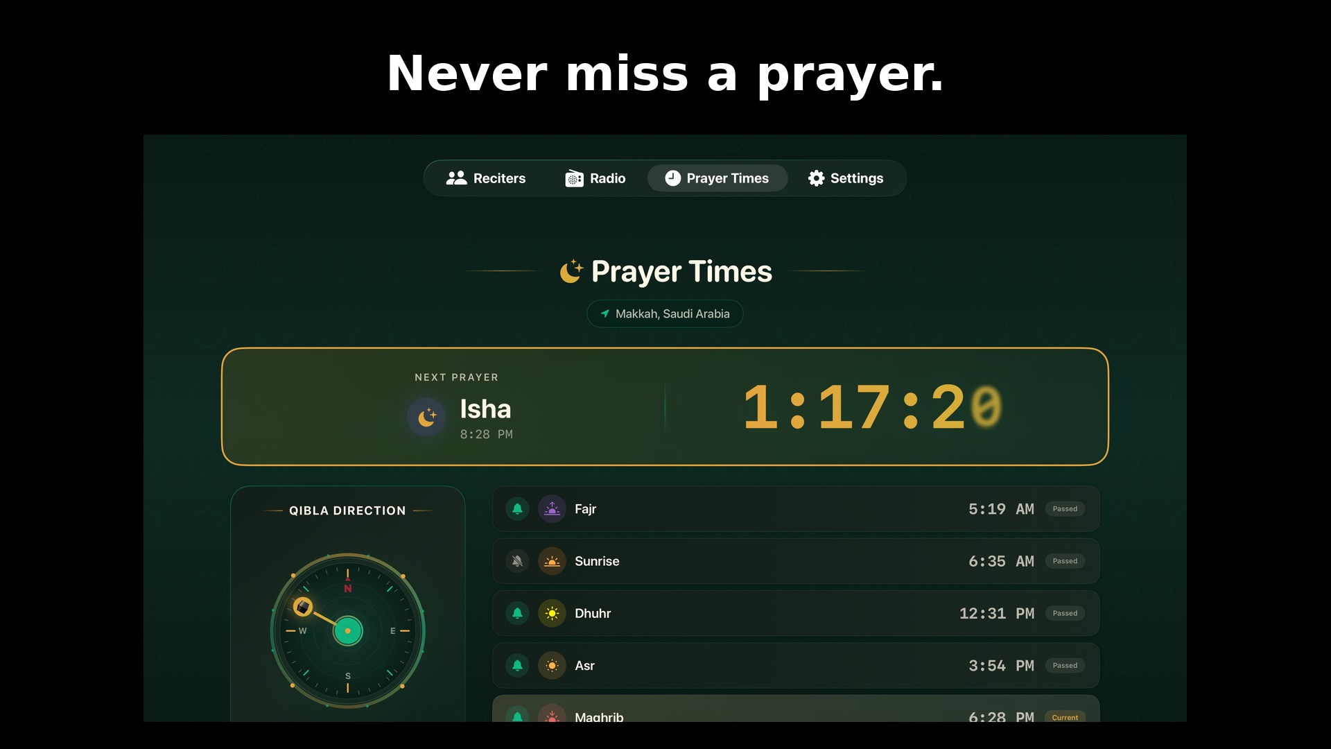 Sajda prayer times and Qibla direction on Apple TV