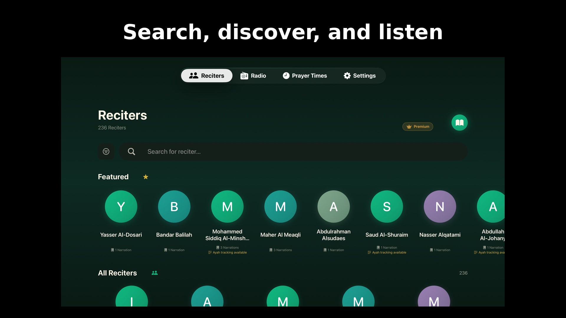 Sajda reciters screen showing 236 Quran reciters on Apple TV