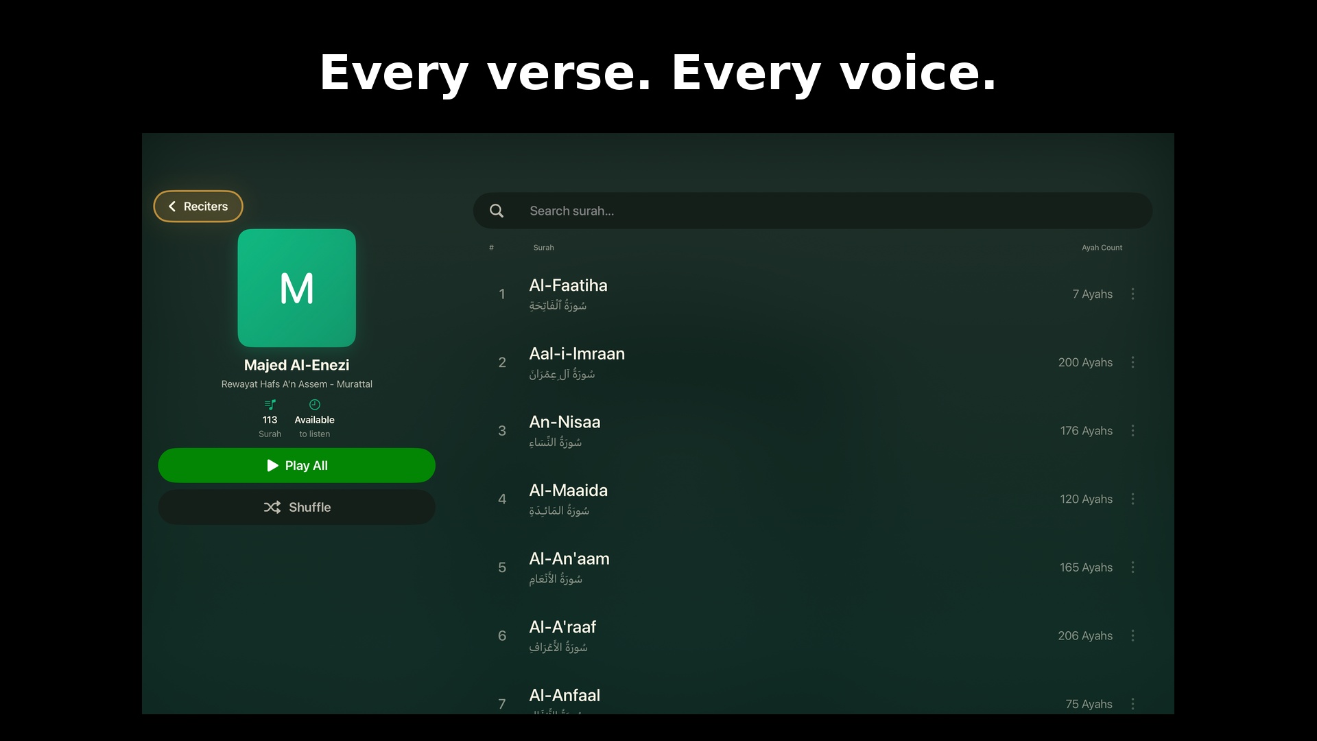Sajda surah list with Play All and Shuffle options on Apple TV