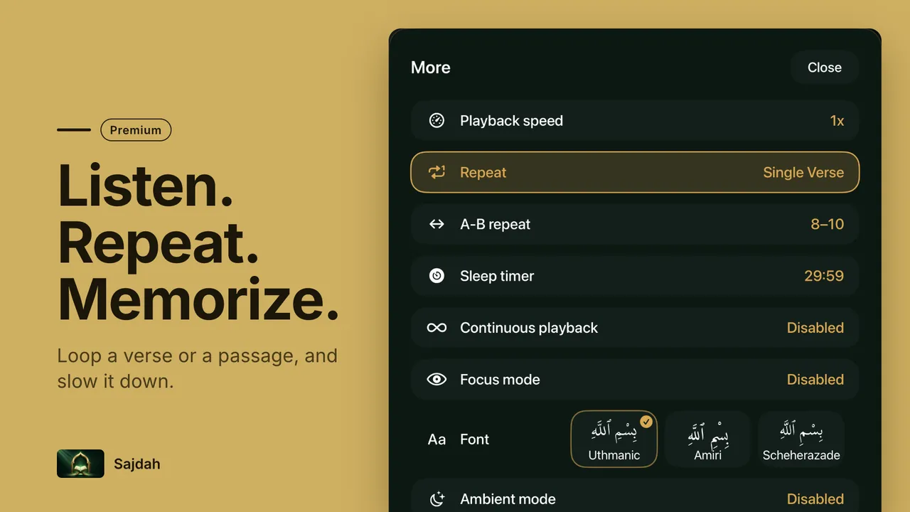 The player More menu with speed, repeat, A-B repeat, sleep timer and the Quran font picker
