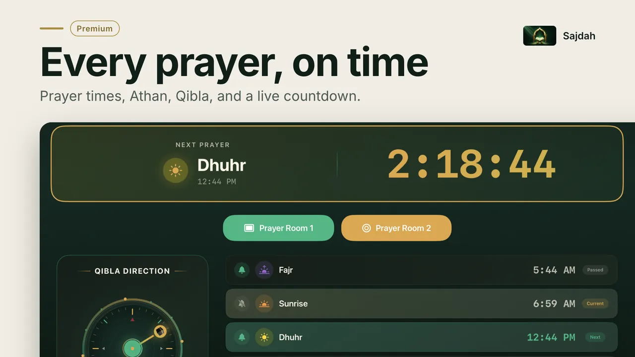 Sajdah prayer times with a next prayer countdown, Prayer Room buttons and the Qibla direction