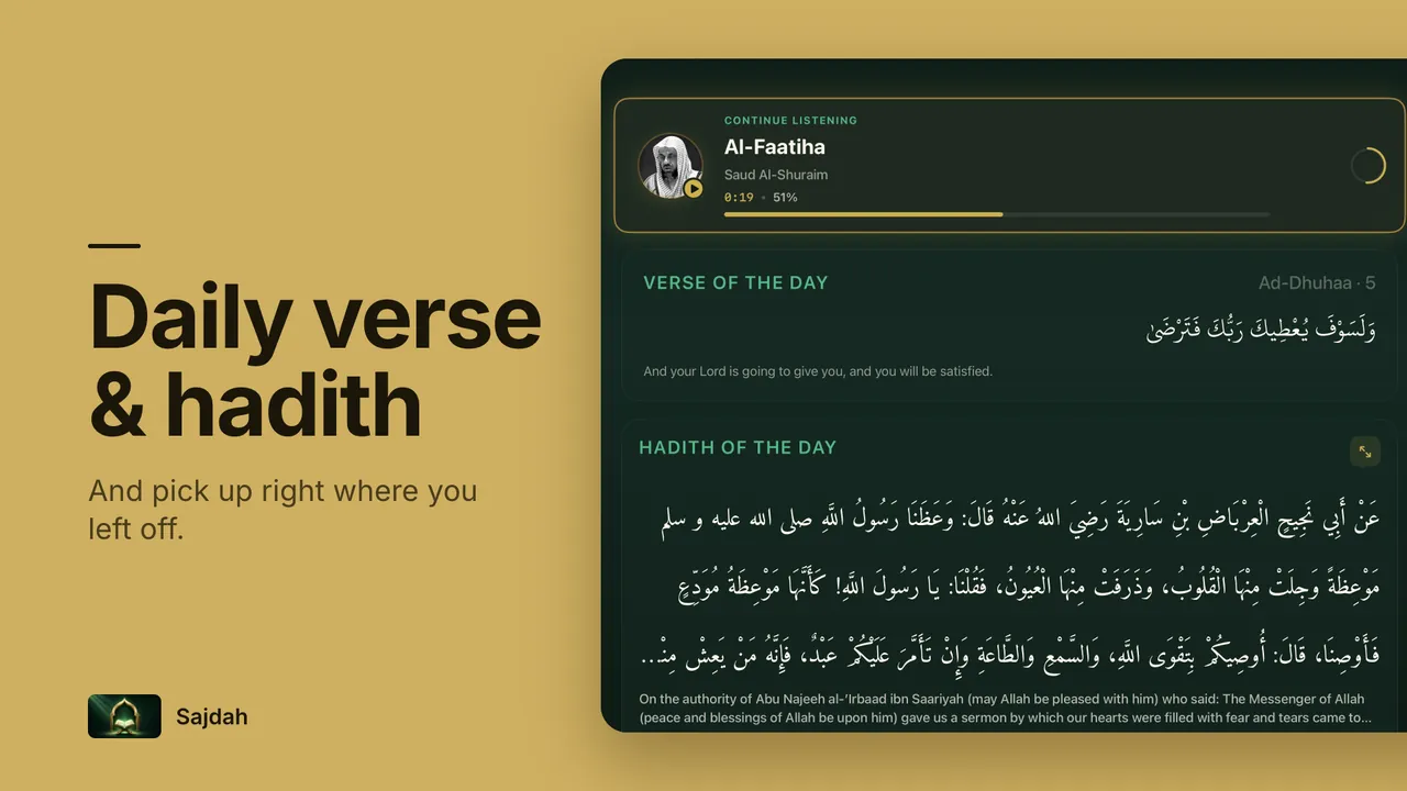 Sajdah Today screen with continue listening, the verse of the day and the hadith of the day