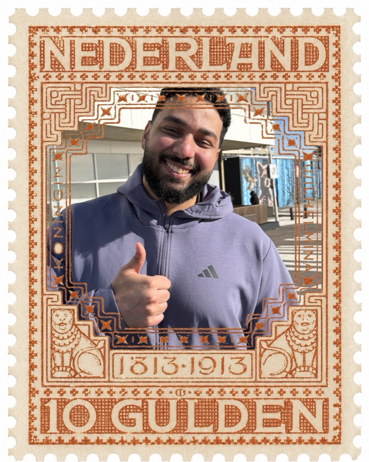 Self-portrait inside a Nederland 10 Gulden vintage stamp