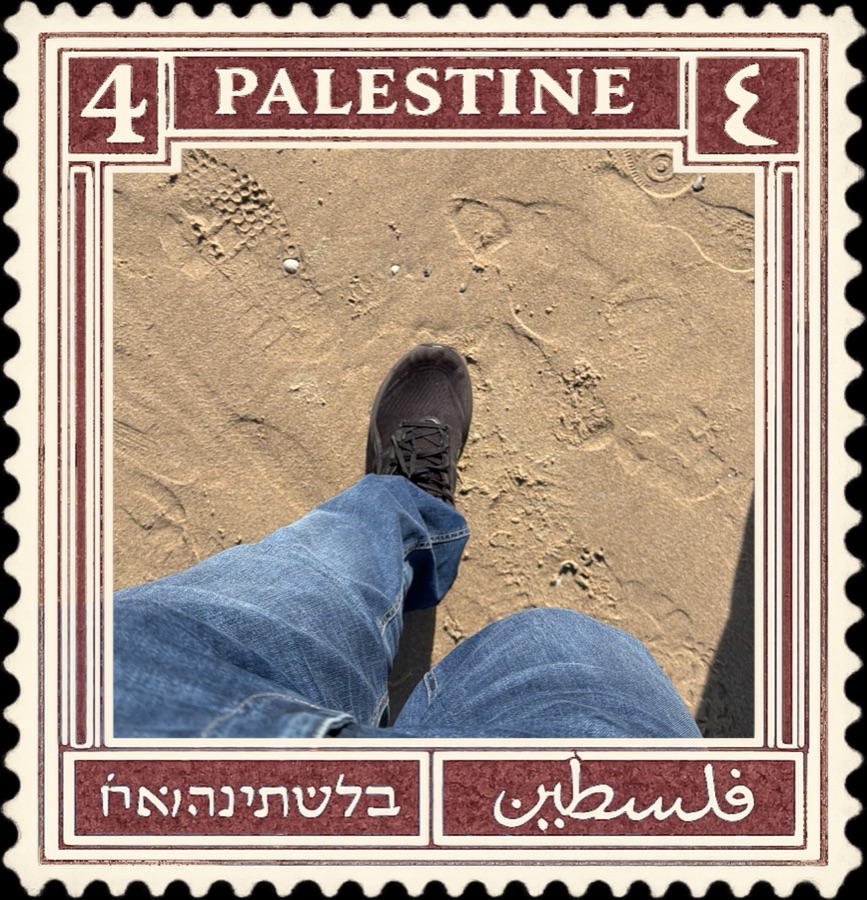 POV of feet on sand, framed inside a Palestine 4 Mils vintage stamp