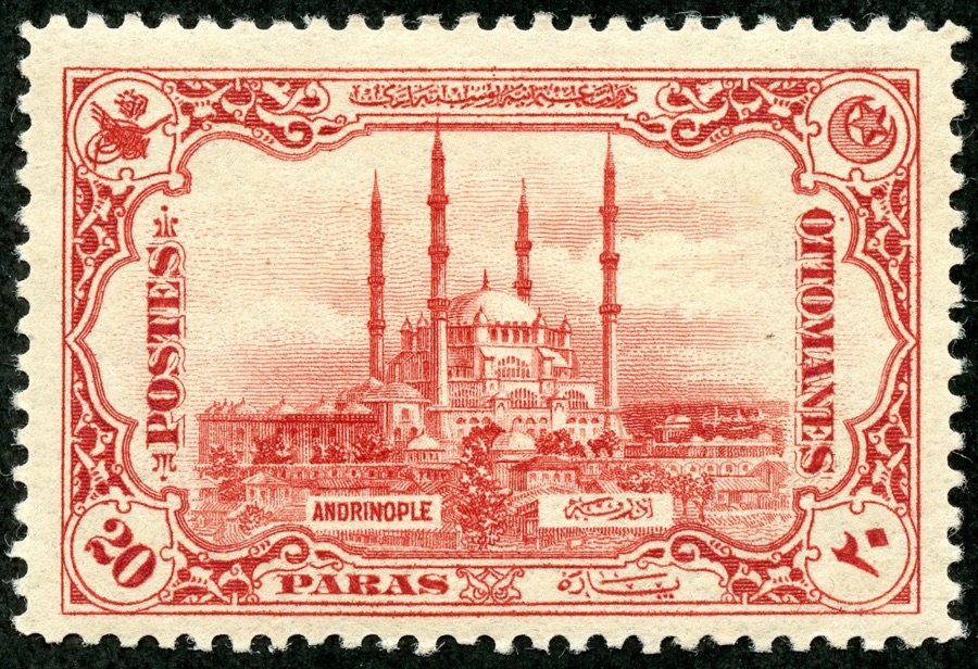 Original Ottoman 20 Paras stamp featuring the Selimiye Mosque in Edirne (Andrinople)