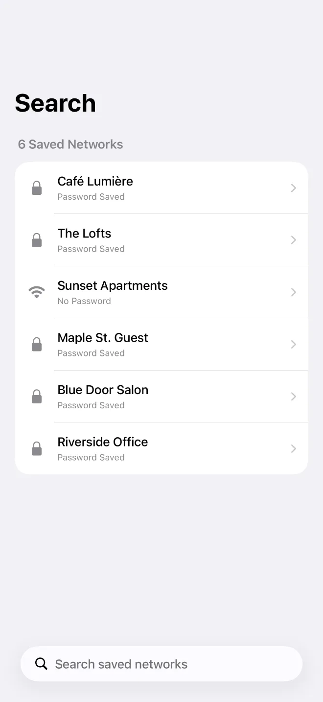 Saved guest Wi-Fi networks search screen