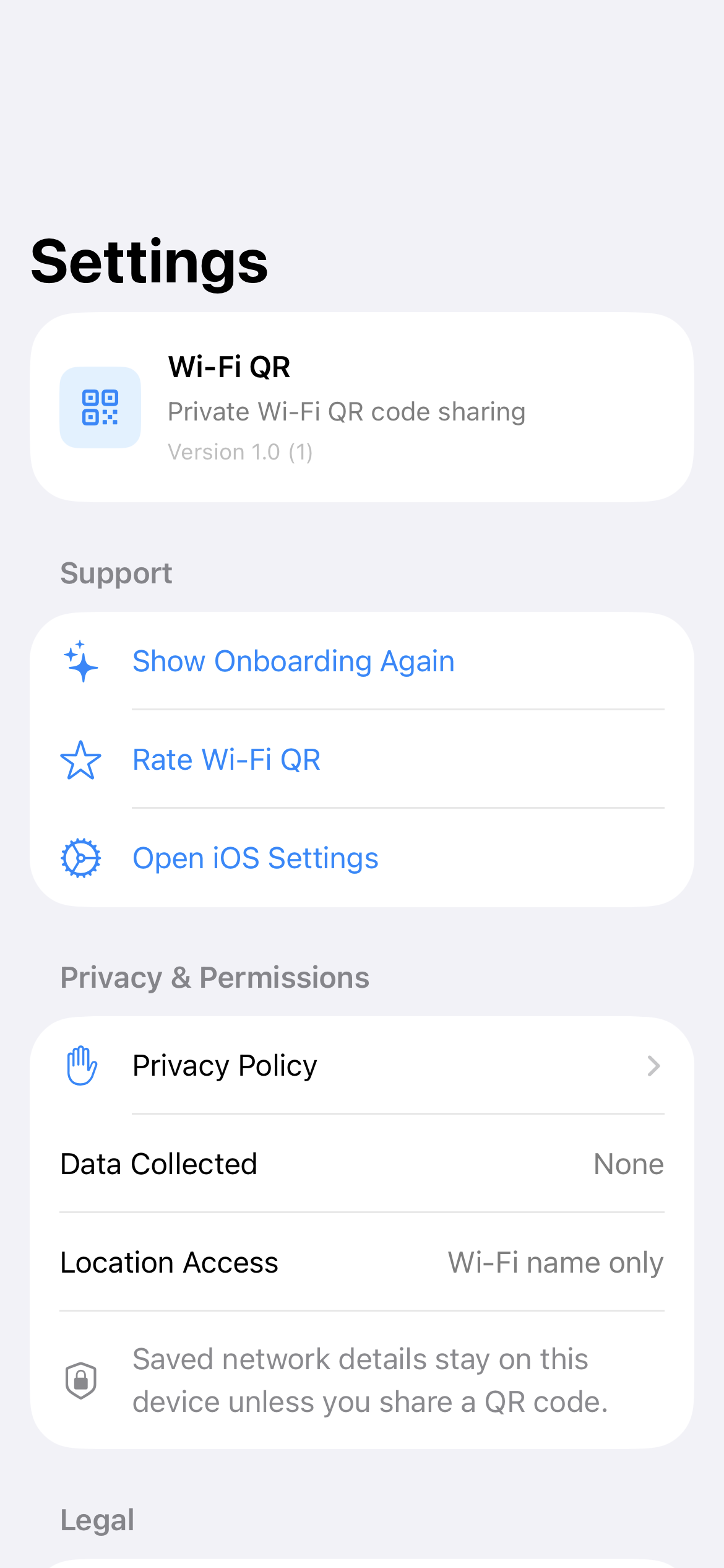 Wi-Fi QR settings screen